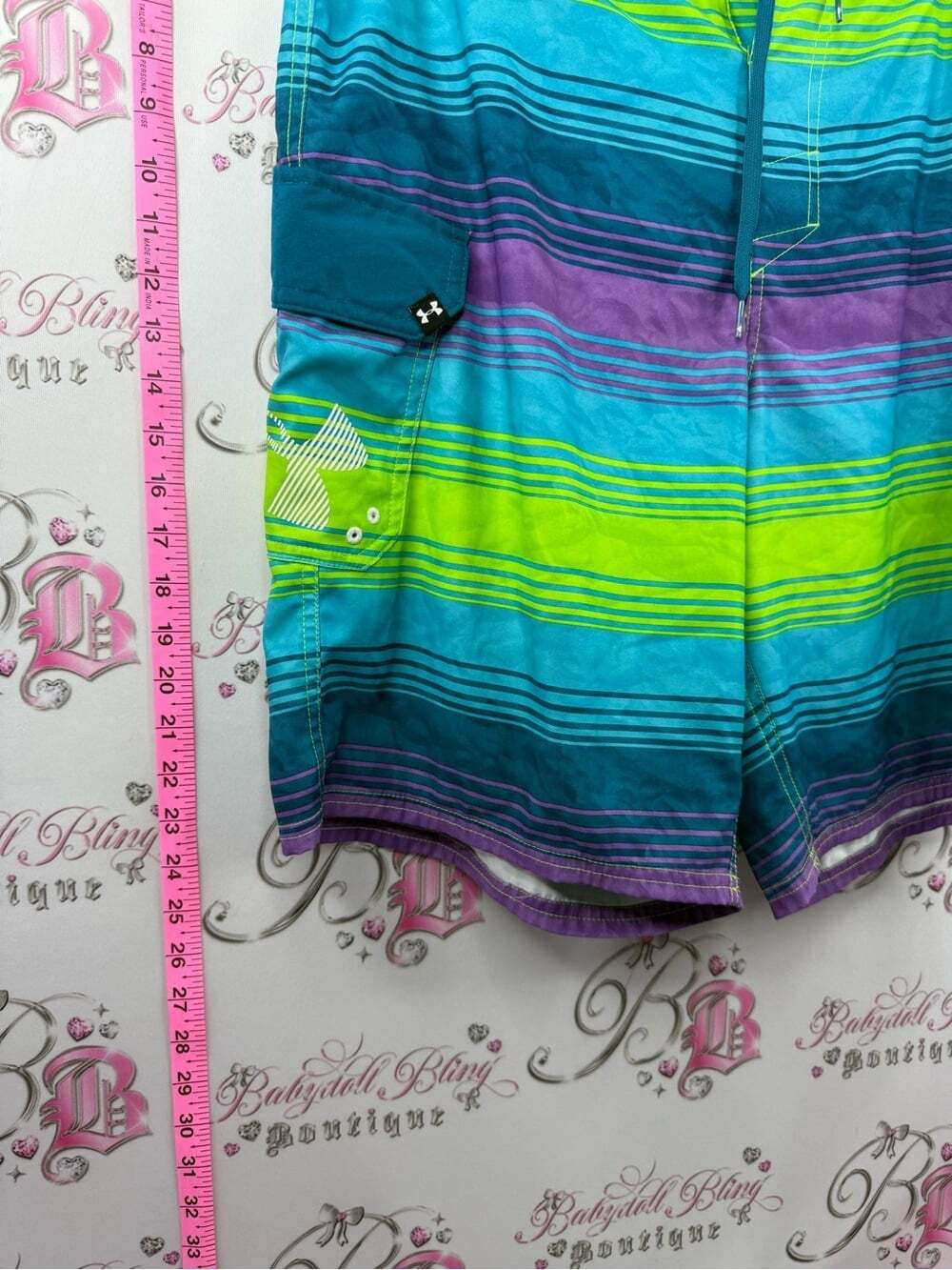Under Armour shorts pool beach Men’s Striped Board Shorts in Teal, Lime & Purple - Picture 9 of 16